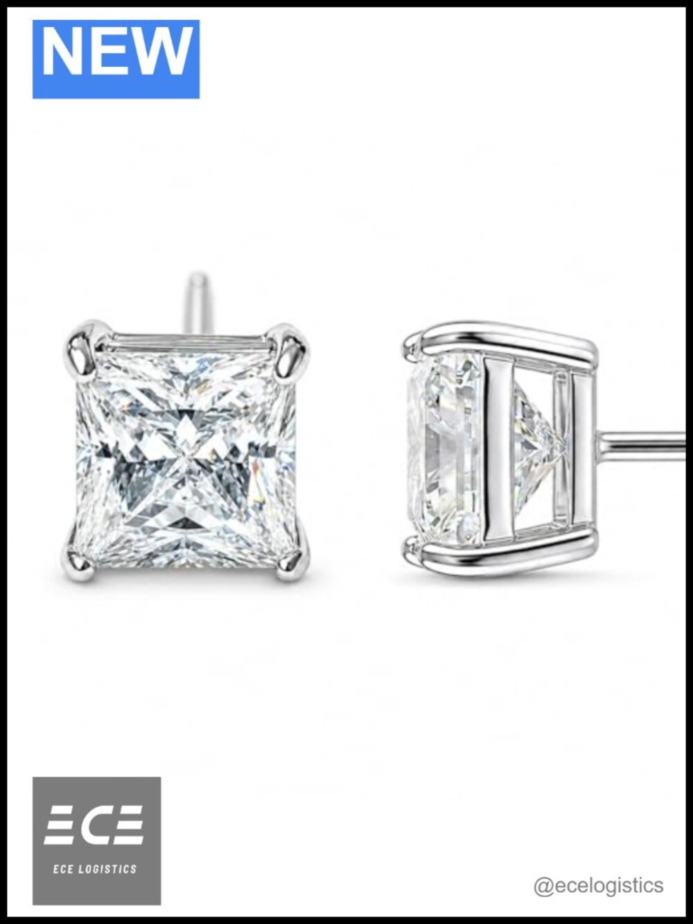 Princess Cut Moissanite Stud Earrings 925 Sterling Silver Hypoallergenic Square